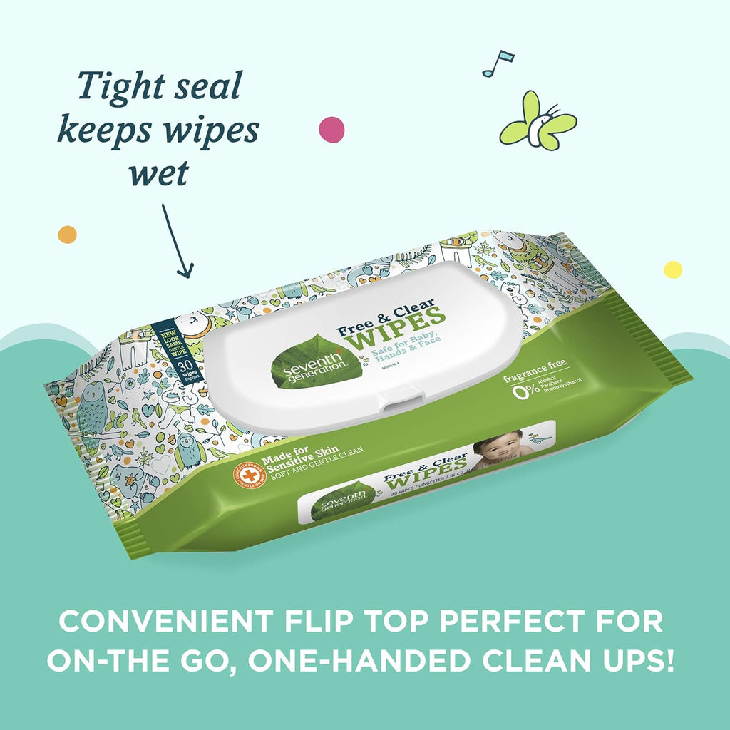 Baby Wipes, Free & Clear Unscented and Sensitive, 30 Count Travel Pack