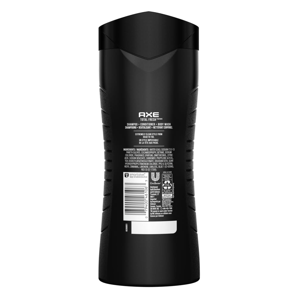 Axe Hair 3 in 1 - Total Fresh - Shampoo + Conditioner + Body Wash - Net Wt. 16 FL OZ (473 Ml) per Bottle - Pack of 3 Bottles