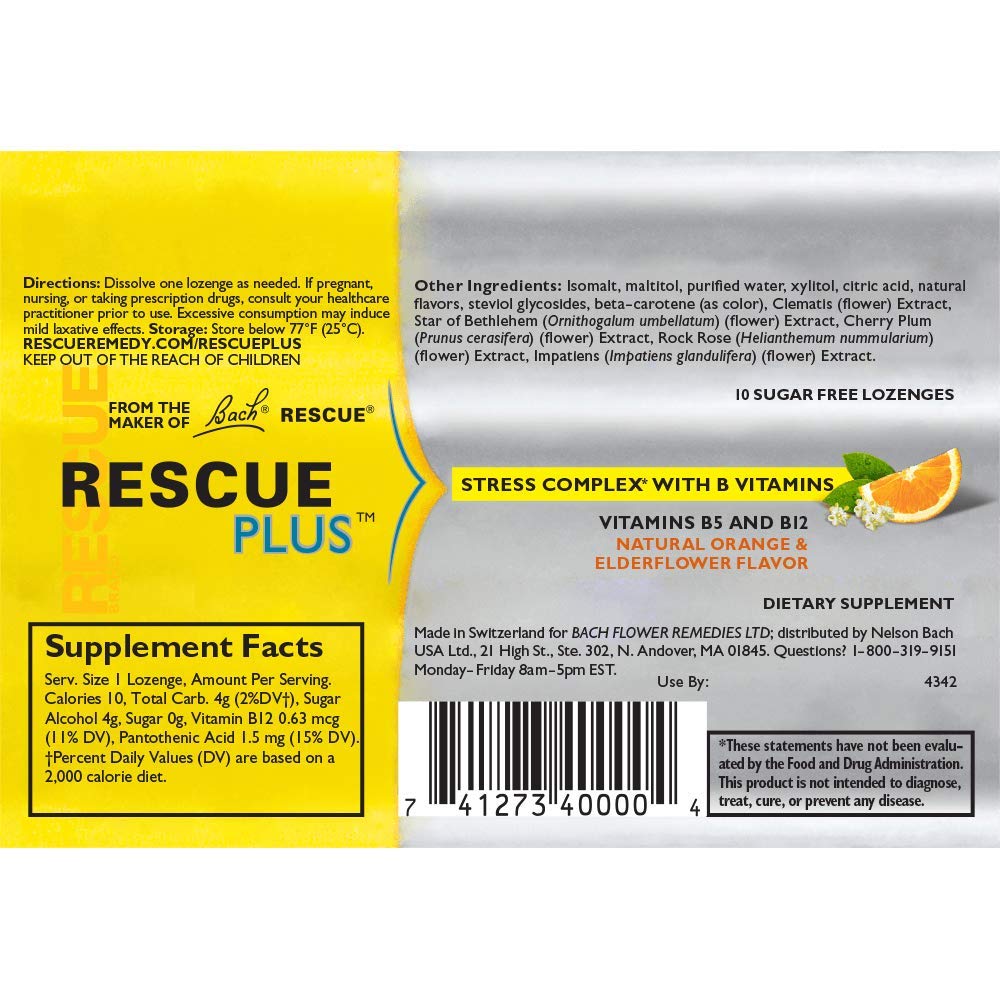 Bach Rescue Plus Lozenges Natural Orange and Elderflower Flavor